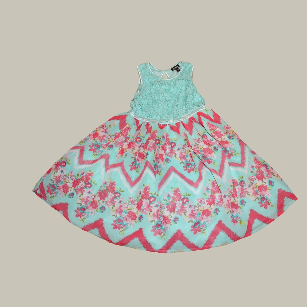 Zunie Girls Mint Green Lace Floral Chevron Sleeveless Party Dress Size S